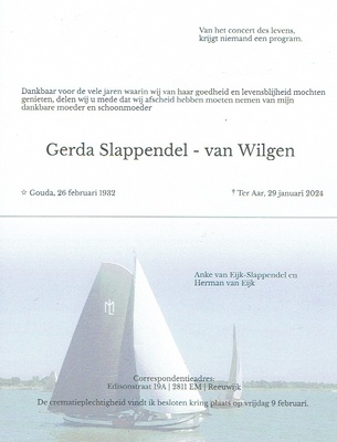 Rouwkaart Gerda Slappendel - van Wilgen